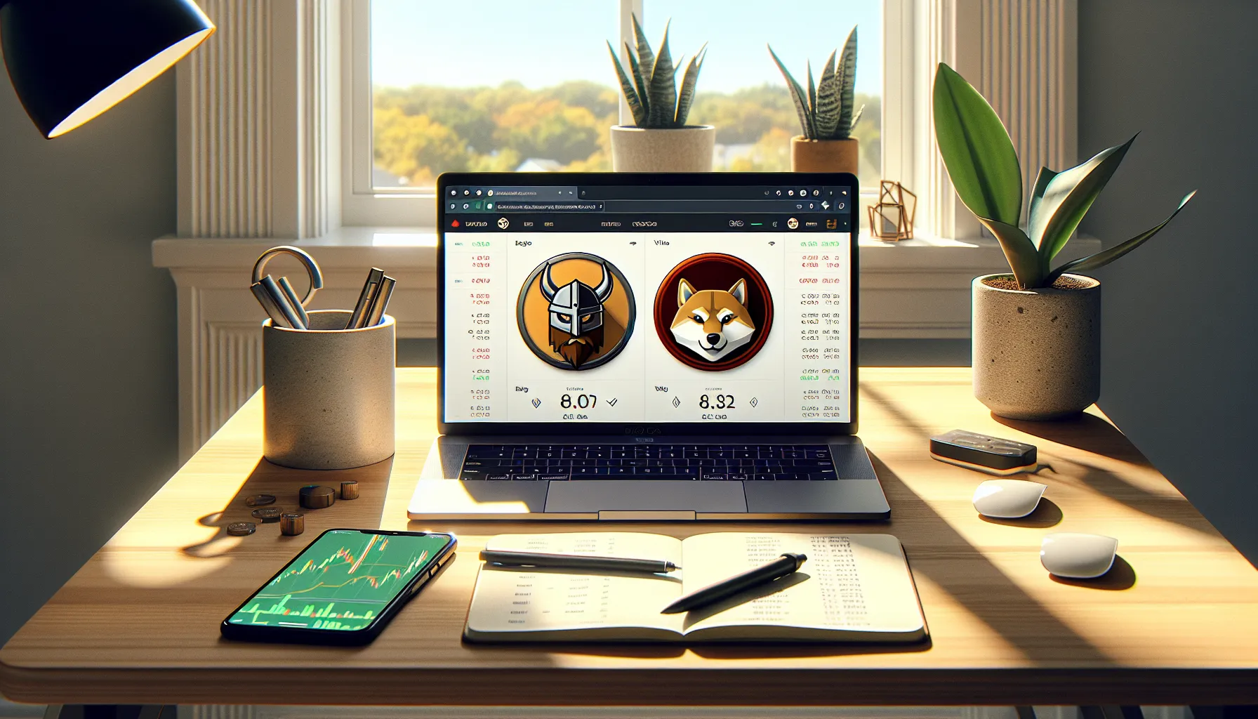 laptop-displaying-floki-inu-and-shiba-inu-logos-side-by-side-with-crypto-charts-and-research-notes
