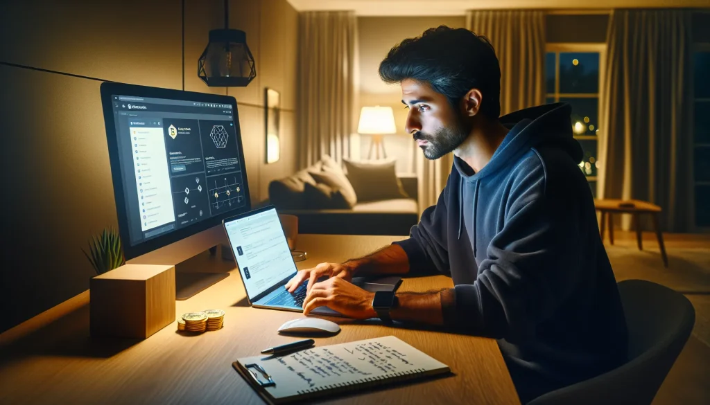 person-carefully-reviewing-cryptocurrency-airdrop-details-on-laptop-and-smartphone-at-home-office-de