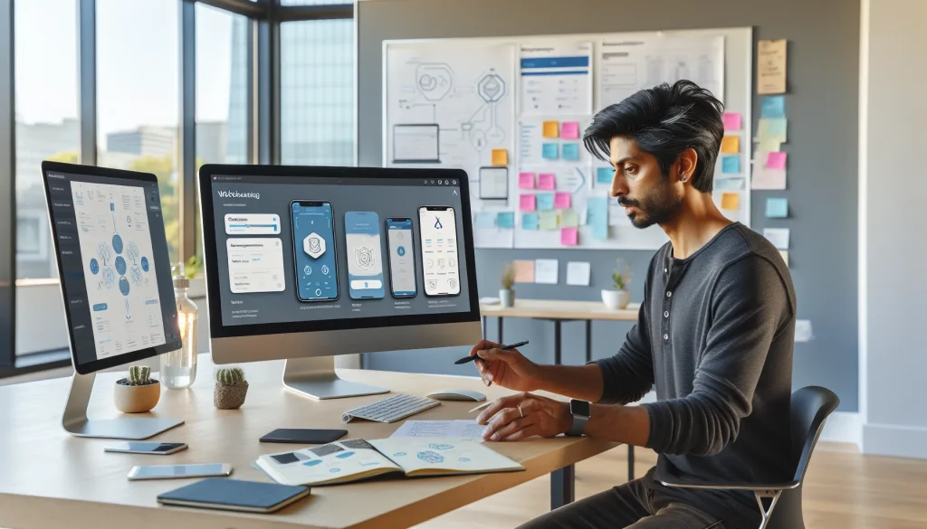 ux-designer-reviewing-simplified-cryptocurrency-app-interface-on-monitor-in-modern-san-francisco-off