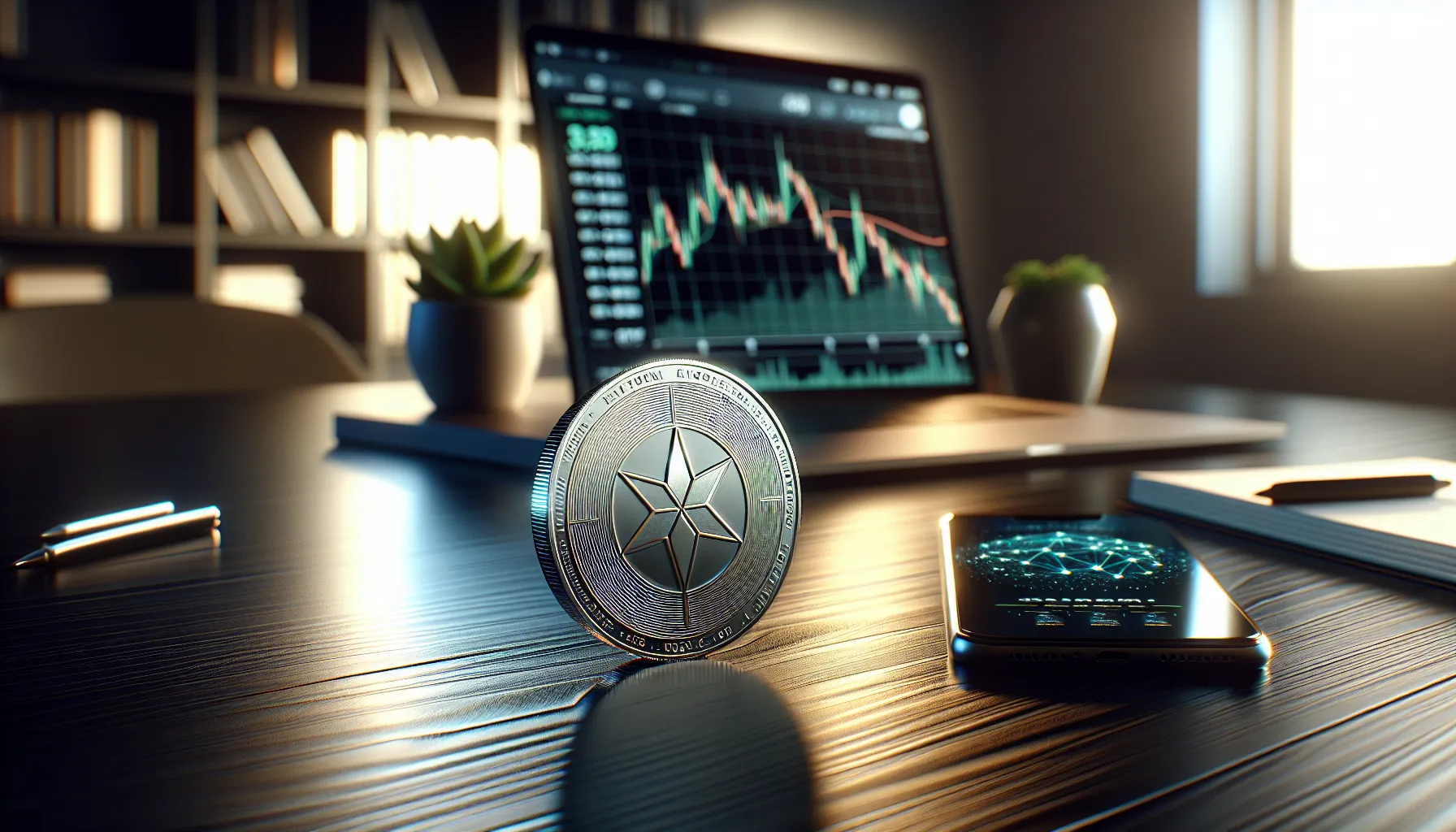 aster-cryptocurrency-coin-on-desk-with-laptop-showing-price-chart-and-blockchain-network-display