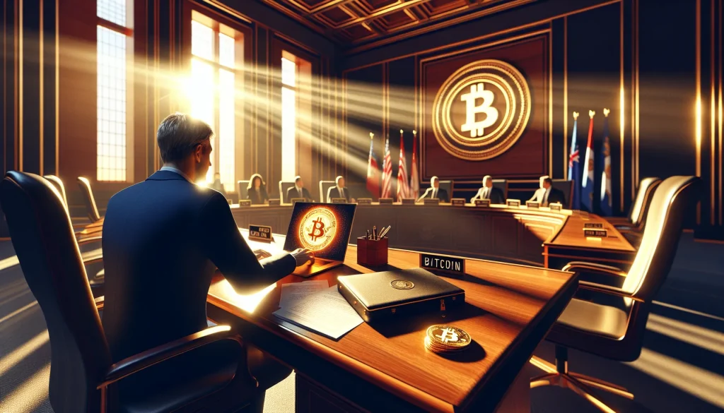 congressional-hearing-room-with-bitcoin-symbol-on-laptop-and-regulatory-documents-on-desk
