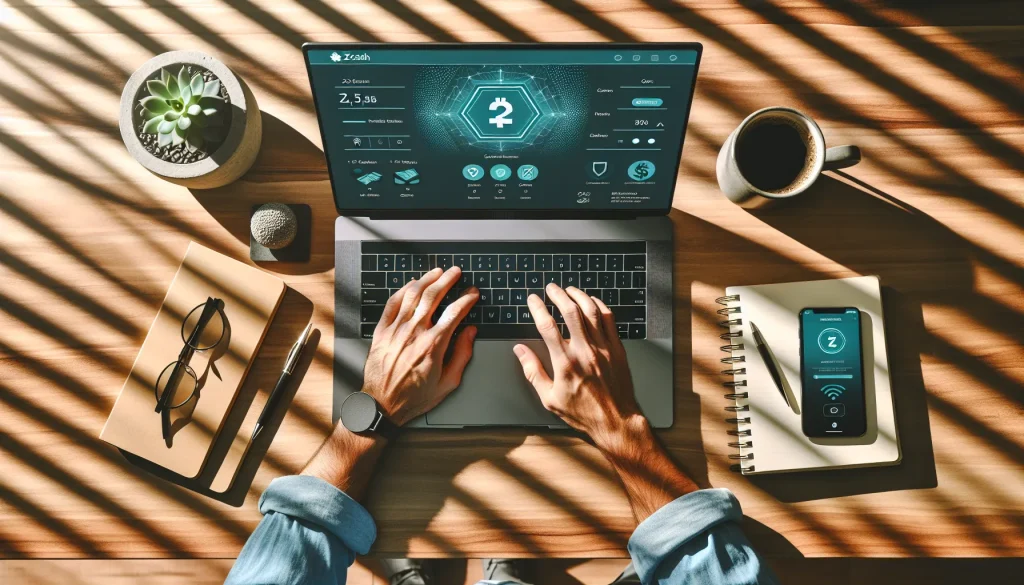 person-managing-a-zcash-shielded-transaction-on-laptop-in-modern-american-home-office