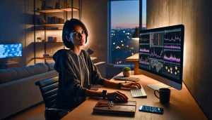 person-researching-cryptocurrency-token-launches-on-computer-in-home-office-at-evening