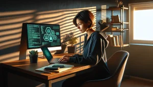 person-working-on-laptop-with-cryptocurrency-privacy-tools-and-hardware-wallet-on-desk