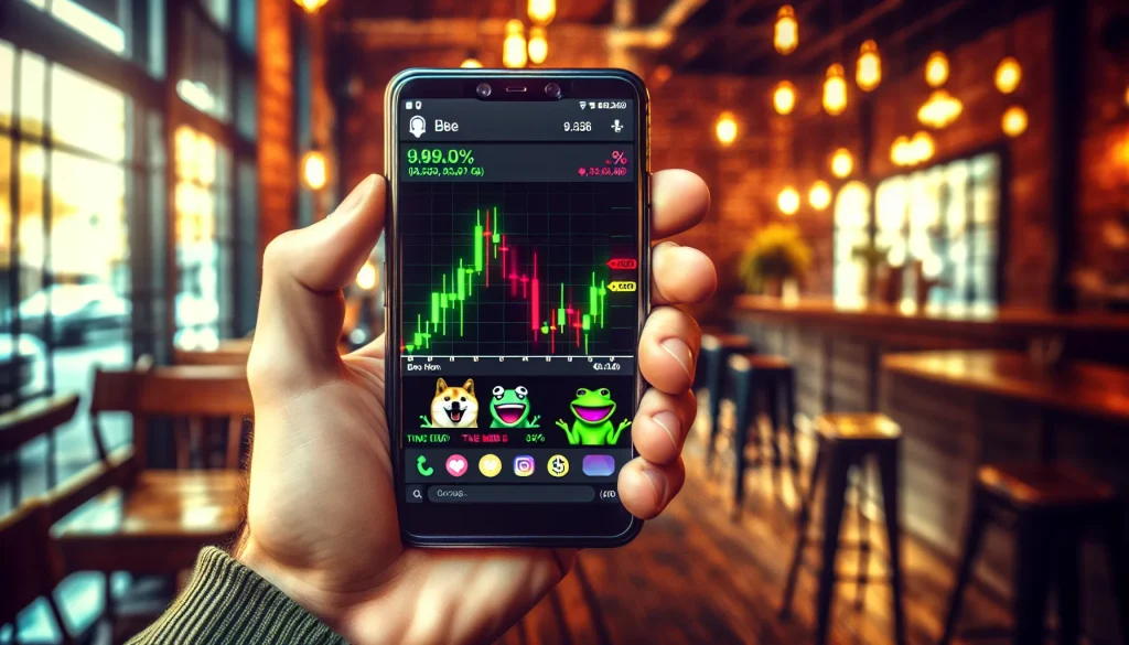 smartphone-displaying-meme-coin-trading-app-with-cartoon-dog-and-frog-logos-and-volatile-price-chart